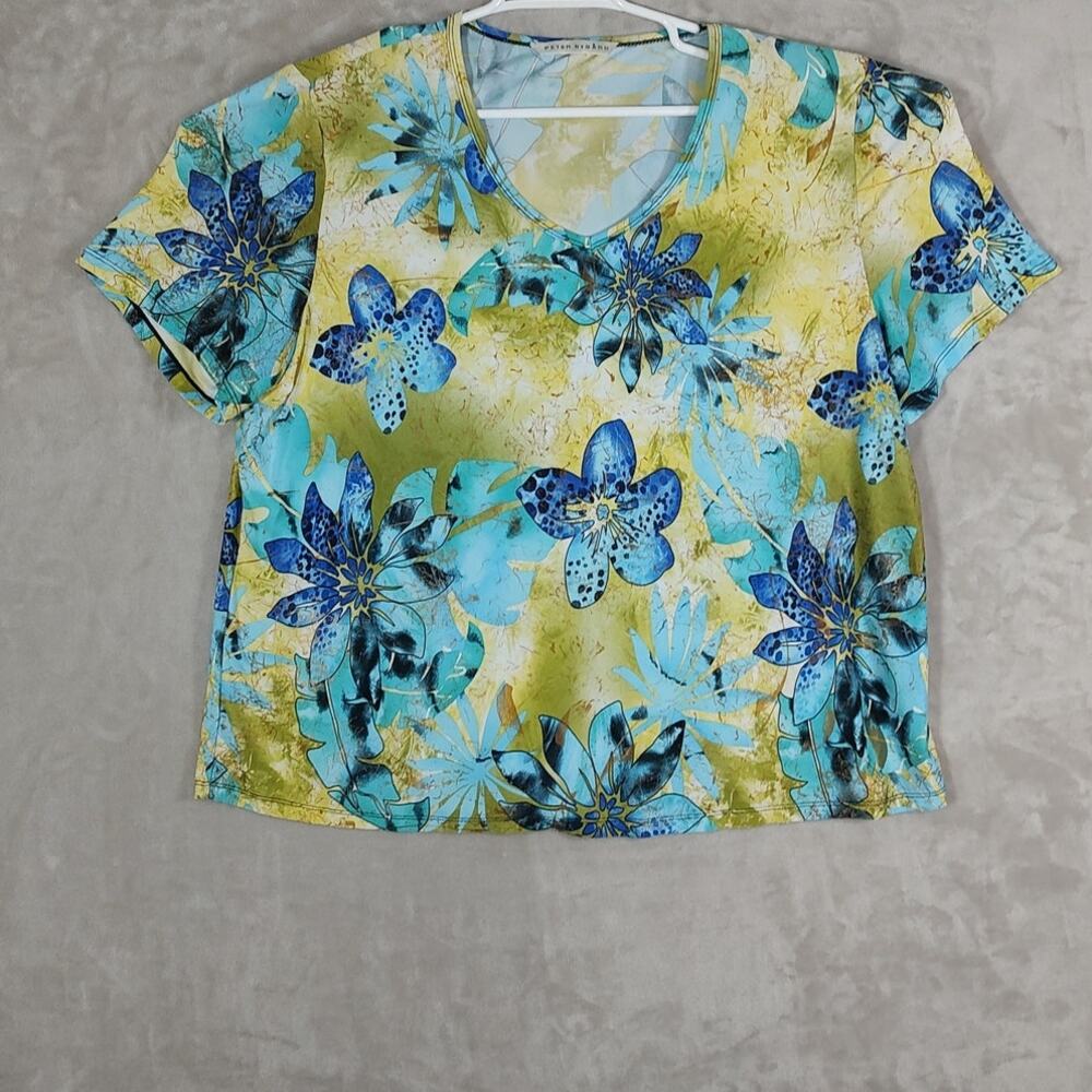 Peter Nygard Woman Plus Sz 2X V-neck Short Sleeve Top Tropical Floral Watercolor